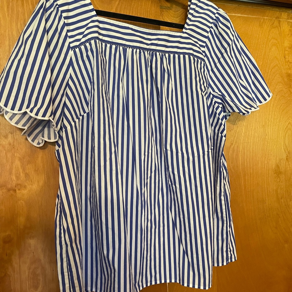 Talbots Blue and White Puff Sleeve Sailor Collar Blouse